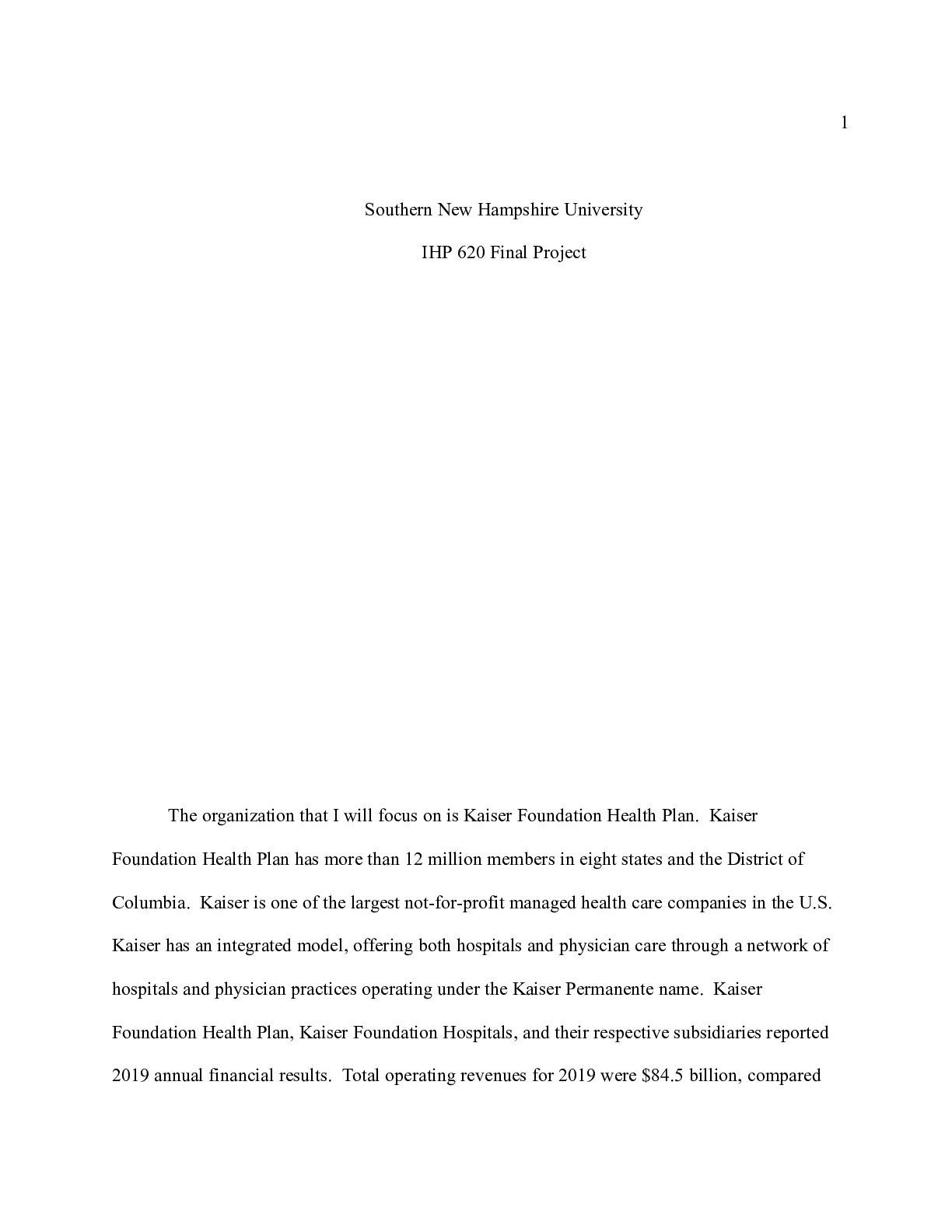 Preview image for IHP 620 Final paper|  1  Southern New Hampshire University  IHP 620 Final Project  The